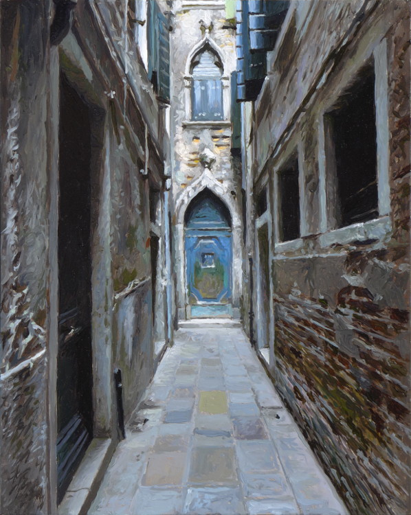 Little street, blue door, painting by Jan Maris