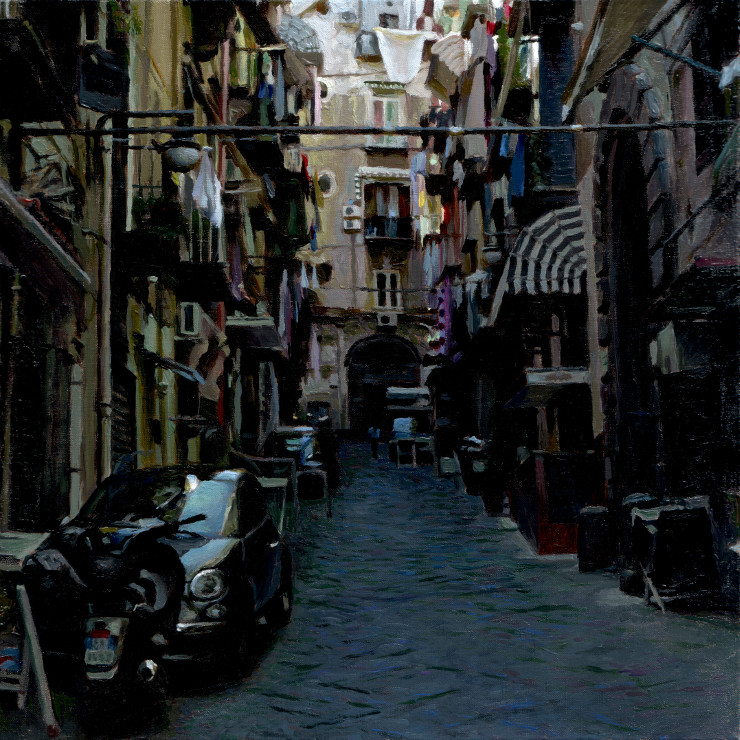 Street with cars and scooter, painting by Jan Maris