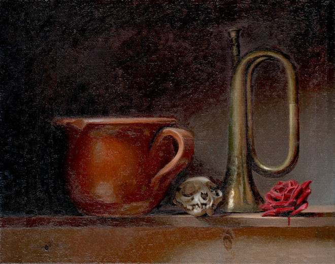Cat skull, rose, painting by Jan Maris