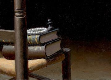 Books on chair, painting by Jan Maris