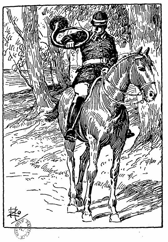 Un homme à cheval, de face, en tenue de chasse à courre, sonnant du cor.
