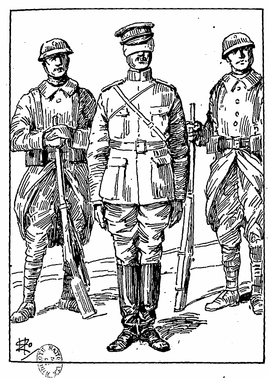 Un parlementaire les yeux bandés (un officier) conduit par deux soldats dont les uniformes diffèrent du sien. Pas d'autres personnages.