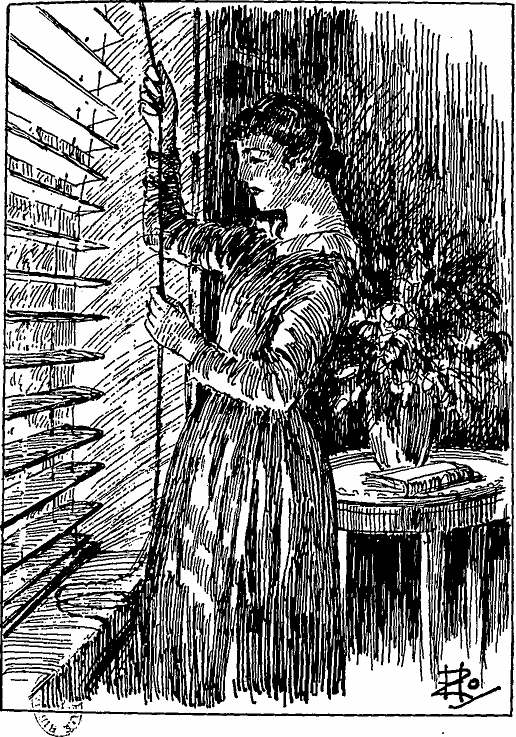 Une femme en train de baisser la jalousie d'une fenêtre. La jalousie est déjà à demi-fermée, les lamelles presque horizontales.