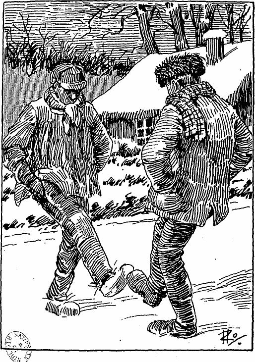 Deux hommes en sabots, par temps de neige, battant la semelle pour se réchauffer les pieds.