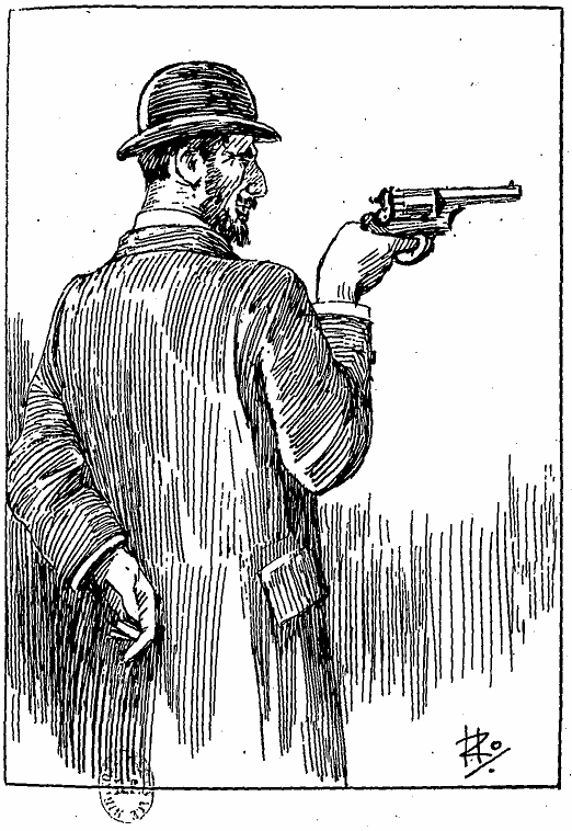 Un homme, le buste seulement, de profil (le profil droit) visant quelque chose avec un pistolet (on ne voit pas ce qu'il vise).