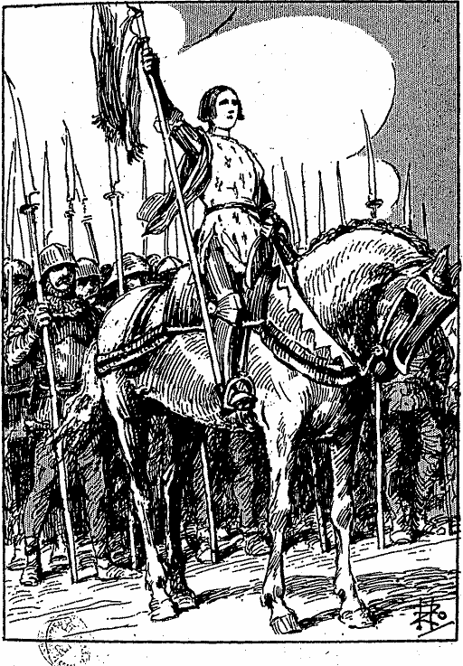 Jeanne d'Arc, de face, à cheval devant des guerriers à pied.
